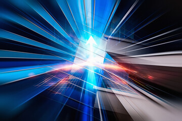 Poster - Abstract concept for business in Hong Kong, showcasing rapid urban development and financial growth with dynamic blue and white lines forming an arrow.