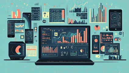 Poster - Laptop with data displays, graphs, and charts;  digital dashboard;  surrounding technology devices