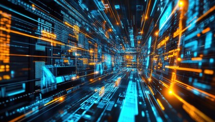 Poster - Futuristic data tunnel, network flow, digital space,  speed of light
