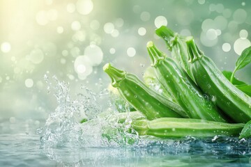 Wall Mural - Fresh green zucchini submerged in water, splashing. Perfect for healthy food, cooking, or vegetable themes.