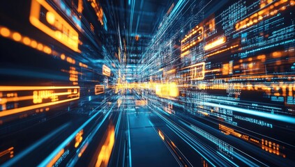 Poster - Futuristic data tunnel, digital code streaks, dark corridor, motion blur effect