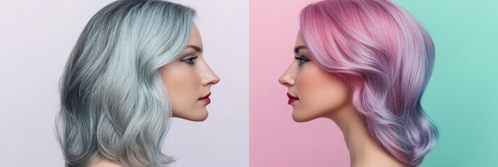 Poster - Comparison of gray hair transitioning to colorful dyed hair showcasing the transformation of style and personality. Generative AI