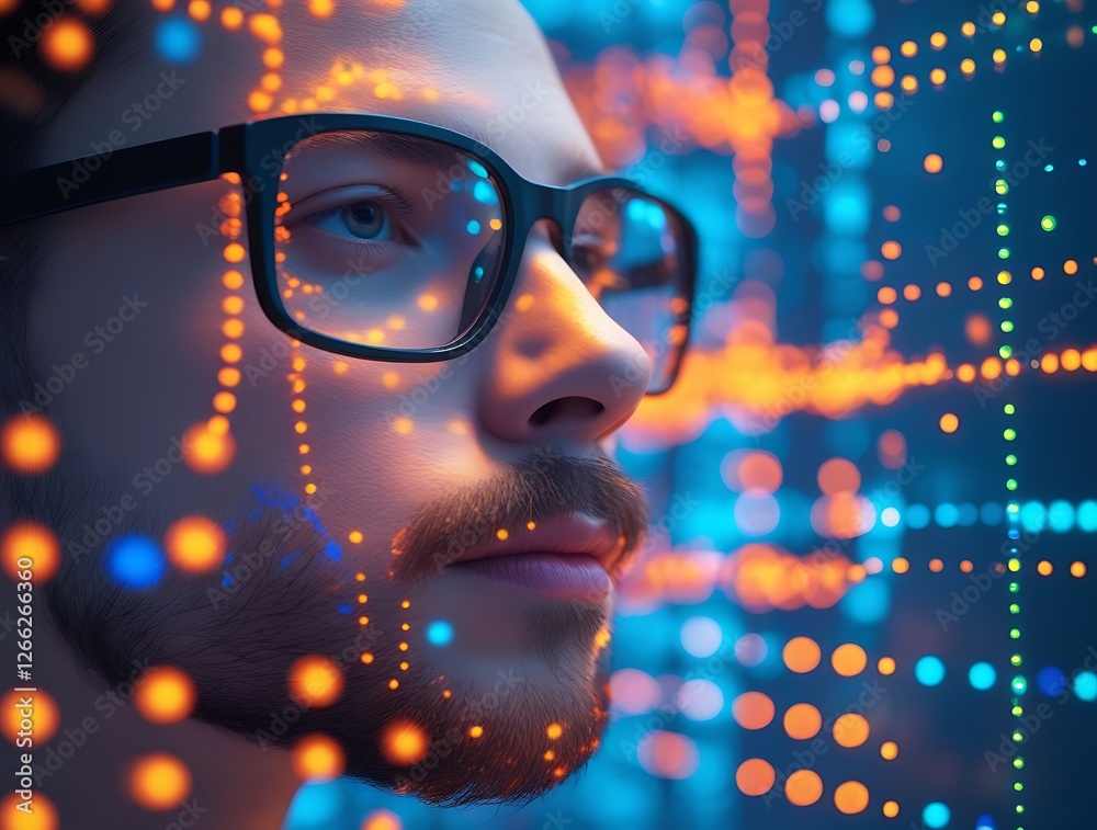 Cyberpunk-inspired close-up of a man wearing glasses with neon blue and ...