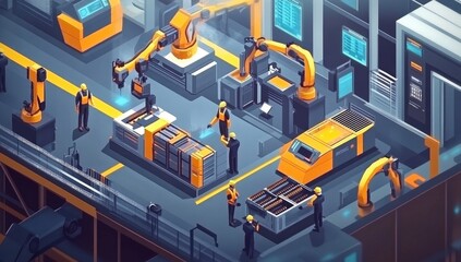 Poster - Industrial automation factory workers operate robotic arms