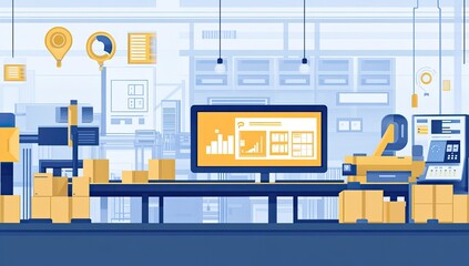 Poster - Automated warehouse conveyor belt with robotic arm; data display,  logistic center
