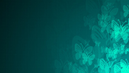 Poster - Blue butterfly symbol shapes are moving from the bottom right of a gradient grid abstract background, horizontal composition. Relaxing, yoga or zen background for graphic design.