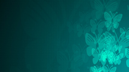 Poster - Blue butterfly symbol shapes are moving from the bottom right of a gradient grid abstract background, horizontal composition. Relaxing, yoga or zen background for graphic design.