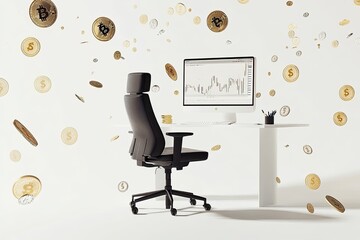 Poster - Empty modern office workspace with cryptocurrency coins falling, computer showing market graph