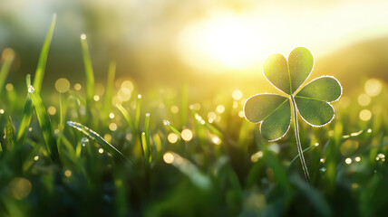 Wall Mural - meadow with a happy four-leaf clover in dew for a st patrick’s day banner with copy space