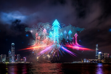 Poster - Hong Kong cityscape at night, double exposure concept. Arrows growing up from the city skyline, representing future growth and upward direction.