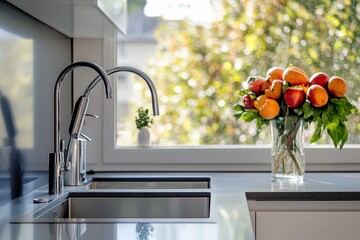 Modern kitchen sink with two faucets and a fruit bowl.