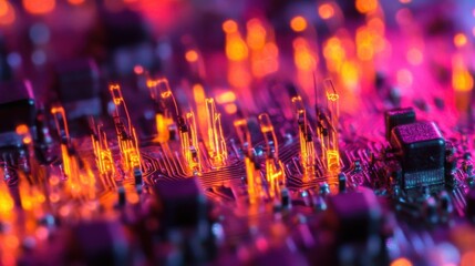 Poster - close up view of an electronic circuit board glowing with orange and purple lights, showcasing the i
