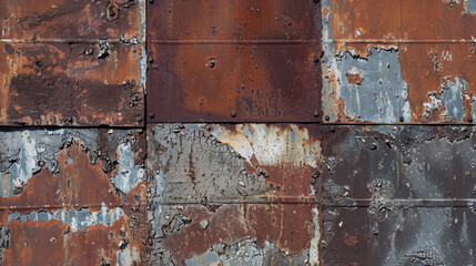 Poster - Rusty metal panels with peeling paint and weathered textures create industrial aesthetic. combination of orange, gray, and silver tones adds depth and character to surface