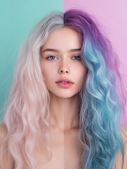 Poster - Transformation from gray to vibrant colors showcasing the beauty of hair dyeing techniques. Generative AI
