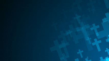 Poster - Blue cross symbol shapes are moving from the bottom right of a gradient grid abstract background, horizontal composition. Religion background for graphic design.