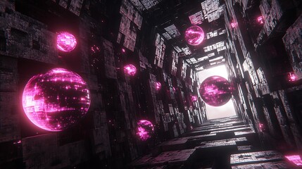 Wall Mural - Pink spheres in dark corridor