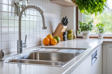 Wall Mural - Modern kitchen sink with sleek faucet.