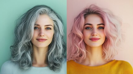 Poster - Beautiful transformation from gray to vibrant dyed hair showcasing stunning style evolution with text space included. Generative AI