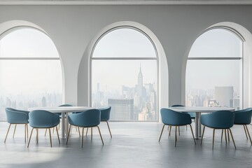 Poster - Modern city view dining area with arched windows