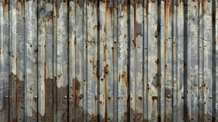 Poster - Rusty metal wall with vertical corrugated texture, showcasing weathered and aged appearance. surface features rust spots and peeling paint, adding character and depth