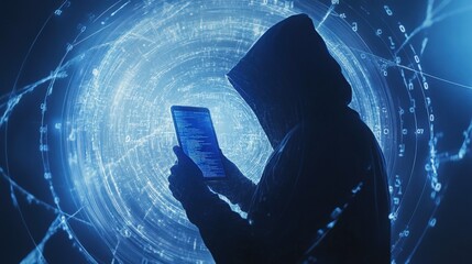 Poster - an atmospheric shot features a smartphone surrounded by swirling digital data and glowing numbers wi