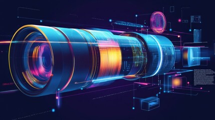 Poster - futuristic camera lens showcasing an exploded view, revealing intricate internal components, sensors
