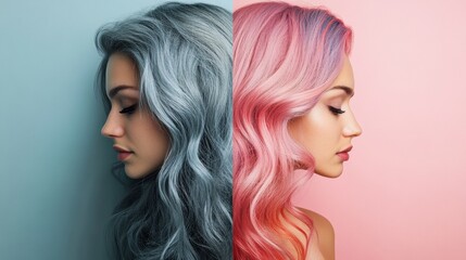 Poster - Comparison of gray hair transforming to vibrant pink hair showcasing a bold change in style and color. Generative AI