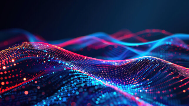 Digital waves of vibrant colors create mesmerizing visual effect, showcasing blend of blue and red lights. This abstract representation evokes sense of movement and energy