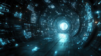 Poster - Futuristic tunnel, data stream, spaceship, bright exit, travel