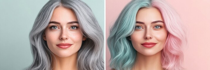 Poster - Transformation from gray to vibrant pastel hair showcasing a stunning color change in a hair salon setting. Generative AI