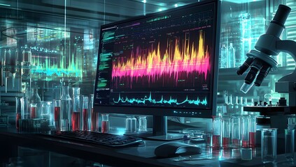 Fototapete - Lab computer screen displaying data, lab equipment, research