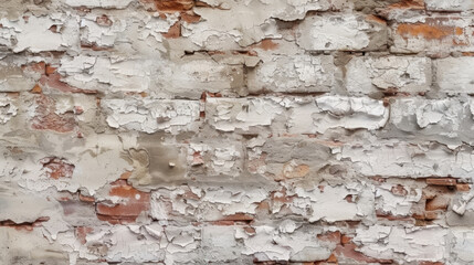 Poster - peeling paint on weathered brick wall, showcasing texture and age. combination of white and red tone