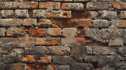 Poster - textured wall made of weathered bricks in various shades of brown and gray, showcasing beauty of age