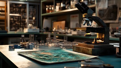 Poster - Vintage microscope on lab table with samples, cluttered lab background