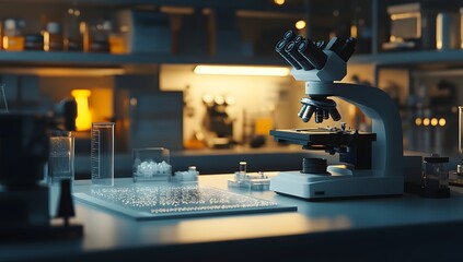 Poster - Laboratory microscope research in a dimly lit science lab