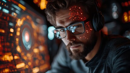 Man with Glasses Analyzing Complex Data Visualization on a Screen, Augmented Reality Display Reflecting on Face, Deep in Technological Research