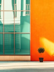Poster - Modern architecture features colorful walls and reflective glass in bright sunlight with a small plant on display. Generative AI