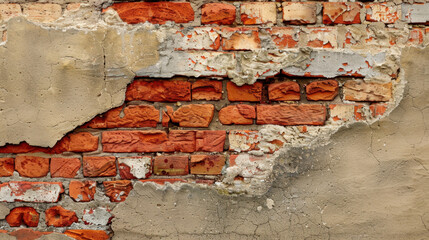 Poster - weathered brick wall with peeling paint and exposed mortar, showcasing mix of red and gray tones, ev