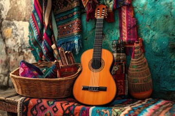 Andean guitar, textiles, artisan crafts, market stall, South America