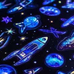 Poster - Colorful space themed stickers featuring rockets, planets, and stars on a dark background for creative projects. Generative AI