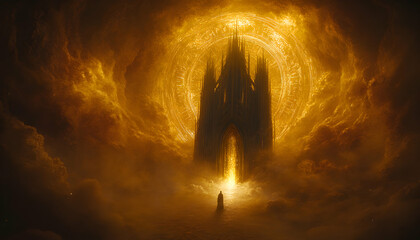 a solitary figure approaches a majestic, gothic-style castle enveloped in a fiery, golden celestial 