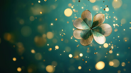 Wall Mural - st patrick’s day charm with floating four-leaf clover, gold coins and sparkles on a green background