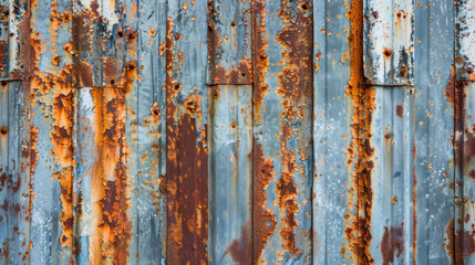 Poster - Rusty metal surface with peeling paint and corrosion, showcasing textures and colors of orange, brown, and blue. This captures beauty of decay and weathering