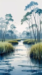 Wall Mural - A Tranquil Waterway Through Marshlands watercolor in Marine & Seascapes on plain white background