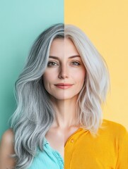 Poster - Gray hair transforming to vibrant dyed hair showing a striking change in style and personality. Generative AI