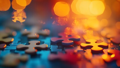 Poster - Night puzzle pieces assembling with warm bokeh lights