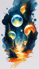 Wall Mural - Glowing Orbs Floating in an Unknown World watercolor in Fantasy & Abstract on plain white background