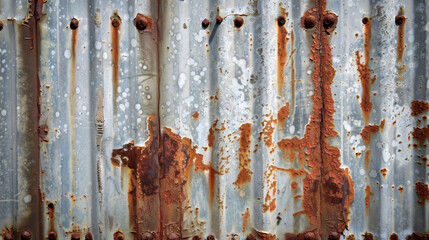 Poster - Rusty metal surface with peeling paint and corrosion patterns, showcasing textures and colors of decay. This captures beauty of weathered materials