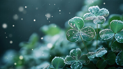 Wall Mural - four-leaf clovers in the winter snow with lucky clover flowers creating a peaceful background