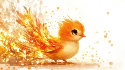 Wall Mural - Fiery chick, glowing tail, white background, fantasy art, children's book